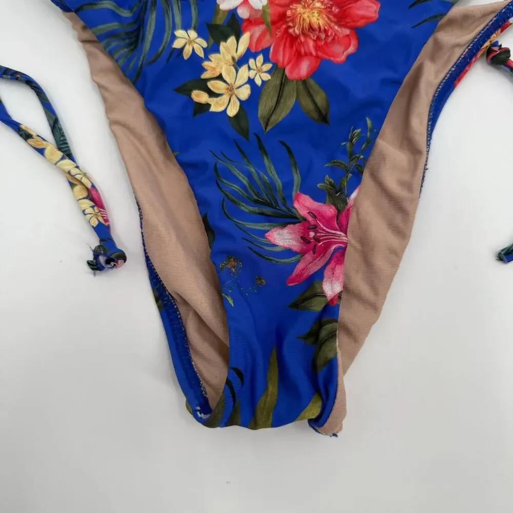 PQ SWIM PILYQ Bikini Bottoms SZ Small Boca Tie String Teeny NEW NWOT Blue Floral